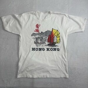 VTG 80's Hong Kong Souvenir Ringer Graphic White Short Sleeve Shirt Men's M